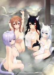 Rule 34 | 4girls, :3, ahoge, amekosame, animal ears, areola slip, armpits, ass, bath, black hair, blue eyes, blush, body blush, breasts, brown eyes, brown hair, cat ears, cat girl, cat tail, closed mouth, commentary request, convenient censoring, dog ears, dog girl, fingernails, flipped hair, fox ears, fox girl, fox tail, full body, hair between eyes, highres, holding, holding towel, hololive, hololive gamers, inugami korone, large breasts, long hair, looking at viewer, medium breasts, medium hair, multicolored hair, multiple girls, nekomata okayu, onsen, ookami mio, open mouth, purple eyes, purple hair, red hair, rock, shirakami fubuki, sidelocks, sitting, smile, steam, steam censor, streaked hair, tail, towel, virtual youtuber, water, white hair, wolf ears, wolf girl, wolf tail