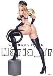 Rule 34 | 1girl, arm belt, ass, back, black footwear, black gloves, black panties, blonde hair, blue eyes, boots, breasts, butt crack, character name, commission, corset, curvy, dominatrix, dungeon and fighter, female gunner (dungeon and fighter), full body, gloves, hair between eyes, hat, high heel boots, high heels, highres, hip focus, holding, holding whip, huge ass, karmiel, large breasts, lips, long hair, looking at viewer, looking back, maria tr, panties, parted lips, peaked cap, red lips, simple background, skindentation, solo, standing, string panties, thick thighs, thigh boots, thighhighs, thighs, thong, underwear, whip, white background, wide hips