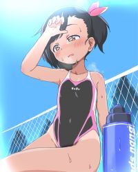 Rule 34 | 1girl, arm up, bare arms, bare shoulders, black hair, black one-piece swimsuit, blue sky, blush, bottle, brown eyes, bubukka, chain-link fence, cloud, collarbone, commentary request, competition swimsuit, day, fence, groin, hair ribbon, hand up, heart, heart-shaped pupils, hot, one-piece swimsuit, original, outdoors, parted lips, pink ribbon, ribbon, short hair, side ponytail, sky, solo, sweat, swimsuit, symbol-shaped pupils, tachibana momoka (bubukka), tan, tanline, wiping sweat