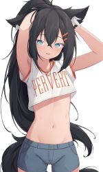 Rule 34 | 1girl, adjusting hair, animal ear fluff, animal ears, arms up, black hair, blue eyes, blue pants, clothes writing, crop top, cropped shirt, fox ears, fox girl, fox tail, hair ornament, hairclip, highres, long hair, looking at viewer, midriff, navel, original, pants, rika (trimbil), shirt, short shorts, shorts, simple background, solo, standing, tail, trimbil, white background, white shirt