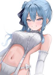 Rule 34 | 1girl, absurdres, alternate costume, blue eyes, blue hair, commentary, detached sleeves, english commentary, grin, highres, hoangryu, hololive, hoshimachi suisei, long hair, looking down, meme attire, navel, ribbed sweater, side ponytail, simple background, smile, solo, sweater, upper body, virgin destroyer sweater, virtual youtuber, white background, white sweater