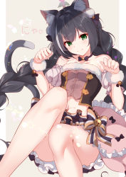 Rule 34 | 1girl, absurdres, animal ear fluff, animal ears, bare shoulders, bell, black hair, blush, braid, breasts, cat ears, cat girl, cat tail, choker, collarbone, detached sleeves, fur trim, green eyes, highres, jingle bell, karyl (princess connect!), kujou ichiso, long hair, looking at viewer, medium breasts, midriff, multicolored hair, neck bell, paw pose, princess connect!, puffy short sleeves, puffy sleeves, short sleeves, skirt, smile, solo, split mouth, strapless, streaked hair, tail, very long hair, white hair
