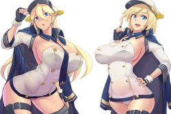Rule 34 | 2girls, azur lane, black gloves, blonde hair, blue eyes, blush, breasts, california (azur lane), cape, cleavage, dashigarayama, dress, fingerless gloves, gloves, hair between eyes, hat, jacket, jacket on shoulders, large breasts, long hair, looking at viewer, multiple girls, necktie, open mouth, short hair, simple background, smile, tennessee (azur lane), thigh strap, very long hair, white background