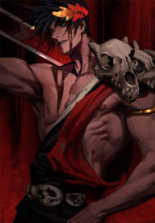 Rule 34 | 1boy, abs, ancient greek clothes, armlet, bare pectorals, black hair, black sclera, blood, blood on face, colored sclera, diaodiao, greco-roman clothes, green eyes, hades (series), hades 1, head tilt, heterochromia, large pectorals, laurel crown, looking at viewer, male focus, mismatched sclera, muscular, muscular male, nipples, over shoulder, pectorals, red eyes, sash, short hair, single bare shoulder, skull, solo, weapon, weapon over shoulder, zagreus (hades)