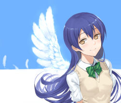 Rule 34 | 1girl, angel wings, blue hair, bow, brown eyes, feathered wings, feathers, floating hair, hair between eyes, hair bow, jyon, long hair, looking at viewer, love live!, love live! school idol project, shirt, short sleeves, single wing, smile, solo, sonoda umi, striped, striped bow, upper body, very long hair, vest, white feathers, white shirt, white wings, wings