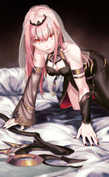 Rule 34 | 1girl, absurdres, all fours, armlet, bare shoulders, black dress, black nails, blunt bangs, breasts, cleavage, detached sleeves, dress, gold trim, hair between eyes, highres, hololive, hololive english, jewelry, long hair, looking at viewer, mori calliope, mstm, nail polish, pink eyes, pink hair, scythe, single detached sleeve, sleeveless, smile, solo, tiara, veil, virtual youtuber, wrist guards