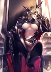 Rule 34 | 1girl, armor, artist name, artoria pendragon (fate), artoria pendragon (lancer alter) (fate), blonde hair, blurry, blush, boots, braid, breasts, cape, chair, cleavage, commentary request, crossed legs, dark persona, depth of field, fate/grand order, fate (series), gauntlets, genyaky, hand on own cheek, hand on own face, high heel boots, high heels, horns, large breasts, lips, long hair, looking at viewer, navel, open mouth, parted lips, pauldrons, red cape, short hair, shoulder armor, sitting, solo, throne, underboob, yellow eyes