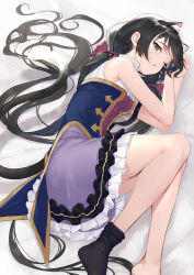 Rule 34 | 1girl, ;o, absurdres, animal ears, bare legs, bare shoulders, bed sheet, black hair, black socks, blush, cat ears, cat girl, cat tail, dress, frilled dress, frills, green eyes, hair ribbon, highres, huge filesize, karyl (princess connect!), layered dress, long hair, low twintails, lying, multicolored clothes, multicolored dress, multicolored hair, on bed, on side, one eye closed, parted lips, princess connect!, purple ribbon, ribbon, single sock, sleeveless, sleeveless dress, socks, solo, streaked hair, tail, takubon, twintails, very long hair, waking up, white hair
