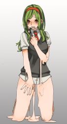 Rule 34 | 1girl, bad id, bad pixiv id, blush, crying, crying with eyes open, green hair, hand on own chest, headband, highres, kneeling, long hair, melting, necktie, no pants, original, red eyes, solo, sweater vest, tears, usazaki shiro