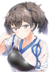 Rule 34 | 1girl, absurdres, breasts, brown eyes, brown hair, commentary, halkawa501, hand in own hair, highres, kaga (kancolle), kantai collection, large breasts, long hair, looking at viewer, messy hair, muneate, side ponytail, simple background, solo, tasuki, upper body, wet, wet clothes, white background