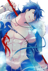 Rule 34 | 1boy, :q, abs, blue hair, bracelet, chest tattoo, collarbone, cosplay, cu chulainn (fate), cu chulainn (fate) (all), cu chulainn (fate/prototype), cu chulainn (fate/stay night), cu chulainn (fate/stay night) (cosplay), cu chulainn (second ascension) (fate), earrings, fate/grand order, fate/prototype, fate (series), gae bolg (fate), head tilt, holding, holding polearm, holding spear, holding weapon, igote, jewelry, long hair, male focus, necklace, nishi juuji, official alternate costume, polearm, ponytail, red eyes, simple background, single bare shoulder, smile, solo, spear, tattoo, tongue, tongue out, topless male, upper body, weapon, white background