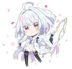 Rule 34 | 1girl, ahoge, black footwear, black gloves, black thighhighs, blush, boots, chibi, closed mouth, commentary request, dress, fate/grand order, fate/grand order arcade, fate (series), full body, gloves, gradient hair, hair between eyes, hair intakes, long hair, merlin (fate), merlin (fate/prototype), merlin (fate/prototype) (second ascension), multicolored hair, outstretched arms, petals, pink hair, red eyes, silver hair, simple background, sleeves past wrists, smile, solo, standing, standing on one leg, thigh boots, thighhighs, totatokeke, very long hair, white background, white dress, wide sleeves