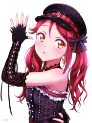 Rule 34 | 1girl, black gloves, blush, breasts, ckst, commentary request, earrings, elbow gloves, fingerless gloves, gloves, hair ribbon, hat, highres, jewelry, long hair, love live!, love live! sunshine!!, red hair, ribbon, sakurauchi riko, sidelocks, signature, small breasts, solo, twintails, upper body, yellow eyes