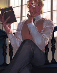 Rule 34 | 1boy, backlighting, birthmark, blonde hair, book, bookmark, dio brando, dress shirt, emg (christain), hand on own face, holding, holding book, indoors, jojo no kimyou na bouken, crossed legs, male focus, manly, necktie, open book, railing, reading, red eyes, shirt, sitting, solo, vest, window