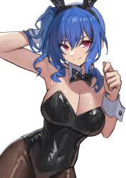 Rule 34 | 1girl, animal ears, arm behind head, armpits, azur lane, black bow, black bowtie, black leotard, black pantyhose, blue hair, bow, bowtie, breasts, cleavage, closed mouth, covered navel, detached collar, fake animal ears, freedomexvss, hair between eyes, highres, large breasts, leotard, looking at viewer, medium hair, one side up, pantyhose, pink eyes, playboy bunny, rabbit ears, simple background, smile, solo, st. louis (azur lane), strapless, strapless leotard, white background, wrist cuffs