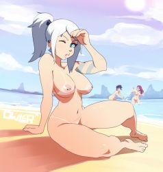 Rule 34 | 3girls, ;o, barefoot, beach, blue eyes, blue hair, borrowed character, breasts, breasts apart, commentary, dani (nikoniko808), day, english commentary, eyebrow piercing, foreshortening, has bad revision, has downscaled revision, highres, howler (owler), large breasts, looking at viewer, md5 mismatch, multiple girls, nadia (k-y-h-u), navel, nipple bar, nipple piercing, nipples, nude, one eye closed, original, outdoors, owler, piercing, ponytail, resolution mismatch, sand, solo focus, source smaller, tan, tanline, tattoo, water