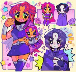 Rule 34 | blush, chibi, closed mouth, dc comics, flower, highres, jack0ran, open mouth, purple hair, raven (dc), red hair, starfire, stuffed toy, teen titans, tunic, walking