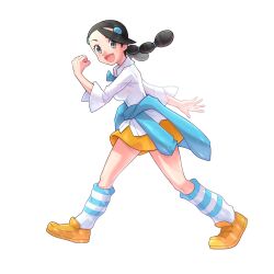Rule 34 | 1girl, :d, black hair, candice (pokemon), clenched hands, clothes around waist, collared shirt, commentary, creatures (company), eyelashes, ffccll, full body, game freak, grey eyes, hair ornament, hairclip, hand up, happy, highres, kneehighs, knees, legs apart, long hair, multi-tied hair, neck ribbon, nintendo, open mouth, pokemon, pokemon dppt, ribbon, shirt, shoes, simple background, skirt, smile, socks, solo, standing, striped clothes, striped socks, sweater, sweater around waist, symbol-only commentary, tongue, twintails, white background, white shirt, yellow footwear