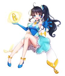 Rule 34 | 1girl, ahoge, ankkoyom, bad id, bad pixiv id, black hair, blue gloves, blue skirt, blush, bow, breasts, cleavage, elbow gloves, full body, gloves, headset, high heels, highres, keyhole, large breasts, lock, long hair, looking at viewer, open mouth, original, ponytail, ribbon, simple background, skirt, smile, solo, teeth, transparent background, white background, yellow bow, yellow ribbon