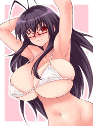 Rule 34 | 1girl, ;&gt;, antenna hair, armpits, arms up, bare arms, bare shoulders, bikini, bikini top only, blush, breasts, closed mouth, covered erect nipples, eyebrows, fuyube rion, hair intakes, highres, huge breasts, long hair, looking at viewer, mahou sensei negima!, micro bikini, navel, one eye closed, purple hair, red eyes, saotome haruna, simple background, smile, solo, standing, swimsuit, upper body, white bikini, wink