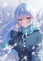 Rule 34 | 1girl, absurdres, adjusting scarf, ahoge, aqua scarf, bare tree, blue coat, blue hair, blush, breasts, coat, crossed bangs, duffel coat, elf, floating hair, hand up, heart, heart ahoge, highres, hololive, large breasts, long hair, long sleeves, looking at viewer, motion blur, nature, onabe no shime, plaid, plaid scarf, pointy ears, scarf, smile, snowing, solo, toggles, tree, upper body, virtual youtuber, wind, winter, winter clothes, winter coat, yellow eyes, yukihana lamy