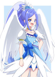 Rule 34 | 1girl, absurdres, angel wings, ao (flowerclasse), bike shorts, bike shorts under skirt, blue background, blue bow, blue dress, blue eyes, blue hair, blue skirt, bow, bracelet, brooch, choker, collarbone, commission, crystal earrings, cure diamond, dokidoki! precure, dress, earrings, feather hair ornament, feathered wings, feathers, hair ornament, heart, heart brooch, highres, hishikawa rikka, jewelry, long hair, looking at viewer, magical girl, open mouth, ponytail, precure, puffy short sleeves, puffy sleeves, short sleeves, skeb commission, skirt, smile, solo, very long hair, white background, wings