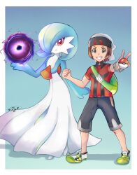 Rule 34 | 1boy, absurdres, alternate color, backpack, bag, beanie, blue hair, bob cut, brendan (pokemon), brown hair, clenched hand, colored skin, creatures (company), dress, game freak, gardevoir, gen 3 pokemon, gradient background, hair over one eye, hat, highres, holding, holding poke ball, krystalstar70, looking at viewer, multicolored skin, nintendo, pink eyes, poke ball, pokemon, pokemon (creature), pokemon oras, shiny pokemon, signature, simple background, smile, smirk, two-tone skin, white dress, white skin