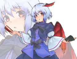 Rule 34 | 1girl, blue hair, blush, book, cowboy shot, duplicate, ginnkei, head wings, holding, holding book, long sleeves, looking at viewer, pixel-perfect duplicate, red eyes, short hair, simple background, solo, tokiko (touhou), touhou, white background, wings, zoom layer