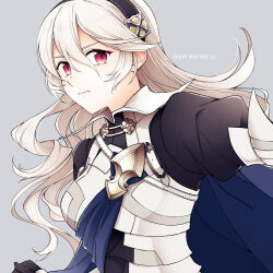 Rule 34 | 1girl, armor, armored dress, black dress, black hairband, blue cape, breastplate, cape, closed mouth, commentary request, corrin (female) (fire emblem), corrin (fire emblem), dress, fire emblem, fire emblem fates, grey background, grey hair, hair between eyes, hairband, highres, juliet sleeves, long hair, long sleeves, looking at viewer, nintendo, pointy ears, puffy sleeves, red eyes, shirokuroma 29, simple background, solo, twitter username, wavy hair