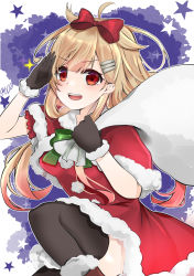 Rule 34 | 1girl, 9610 (kuroto), black thighhighs, blonde hair, blush, capelet, christmas, fur-trimmed capelet, fur trim, hair flaps, hair ornament, hairclip, highres, holding, holding sack, kantai collection, long hair, open mouth, pom pom (clothes), red capelet, red eyes, revision, sack, santa costume, signature, smile, solo, sparkle, star (symbol), teeth, thighhighs, upper teeth only, yuudachi (kancolle), yuudachi kai ni (kancolle)