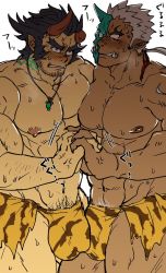 Rule 34 | 2boys, abs, anger vein, animal print, bad id, bad twitter id, bara, blue hair, blush, broken horn, bulge, bulge press, bulges touching, dark-skinned male, dark blue hair, dark skin, demon boy, demon horns, facial hair, feet out of frame, fiery horns, half mask, holding hands, horned mask, horns, large pectorals, loincloth, long sideburns, m cwfe, male focus, male pubic hair, mask, mature male, monster boy, motion lines, multiple boys, muscular, muscular male, navel, navel hair, nipples, official alternate costume, oni mask, pectoral docking, pectoral press, pectorals, pubic hair, short hair, shuten douji (housamo), sideburns, single horn, stomach, stubble, sweat, takemaru (housamo), thick eyebrows, thick thighs, thighs, tiger print, tokyo houkago summoners, topless male, tusks, white hair, yaoi