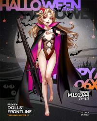 Rule 34 | 1girl, as109, barefoot, bat (animal), blonde hair, bodysuit, bone, bow, breasts, browning m1919, cape, clothing cutout, cosplay, fangs, feet, fingernails, full body, girls&#039; frontline, gluteal fold, gun, hair bow, hair ornament, halloween, halloween costume, hand on own chest, holding, holding weapon, leotard, long fingernails, looking at viewer, m1919a4 (carmilla) (girls&#039; frontline), m1919a4 (girls&#039; frontline), machine gun, medium machine gun, nail polish, navel, navel cutout, official alternate costume, official art, open mouth, red bow, skin tight, skull, small breasts, solo, thigh gap, toenail polish, toenails, vampire, walking, weapon, wind, wrist cuffs