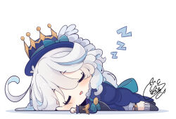 Rule 34 | 1girl, beni shake, black footwear, blue headwear, blue jacket, boots, chibi, closed eyes, commentary request, drooling, facing viewer, from side, full body, furina (genshin impact), genshin impact, grey hair, grey shorts, hair between eyes, jacket, long sleeves, looking to the side, lying, on stomach, parted lips, saliva, shadow, shorts, signature, simple background, sleeping, solo, tilted headwear, white background, zzz
