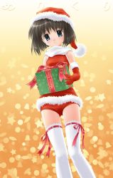 Rule 34 | 1girl, black hair, blue eyes, christmas, elbow gloves, gift, gloves, hat, holding, holding gift, looking at viewer, red gloves, ribbon-trimmed legwear, ribbon trim, santa costume, santa hat, smile, solo, thighhighs, white thighhighs
