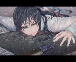 Rule 34 | 1girl, black hair, blood, blood on face, dagger, dying, fate/grand order, fate (series), green eyes, highres, jing ke (fate), knife, letterboxed, long hair, lying, on floor, on stomach, rain, scroll, smile, solo, weapon, wet, wet clothes, yuurei447