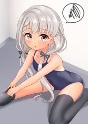 Rule 34 | 1girl, bad id, bad pixiv id, bare arms, bare shoulders, black one-piece swimsuit, black ribbon, black thighhighs, blush, braid, braided bangs, brown eyes, collarbone, commentary request, grey hair, hair over shoulder, hair ribbon, highres, hisakawa nagi, idolmaster, idolmaster cinderella girls, idolmaster cinderella girls starlight stage, indoors, leaning forward, long hair, looking at viewer, low twintails, mitsumine raimu, no shoes, on floor, one-piece swimsuit, parted lips, ribbon, school swimsuit, solo, spoken squiggle, squiggle, swimsuit, tan, tanline, thighhighs, thighhighs pull, twintails, very long hair