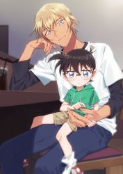 Rule 34 | 2boys, amuro tooru, black-framed eyewear, black shirt, blonde hair, blue eyes, blue pants, blurry, blush, brown hair, brown shorts, casual, chair, child, closed mouth, commentary request, depth of field, drawstring, drinking straw, edogawa conan, elbow rest, feet out of frame, fingernails, glass, glasses, green hoodie, hair between eyes, hand on another&#039;s hand, hand on own face, hand up, head tilt, height difference, highres, hood, hood down, hoodie, ice, ice cube, indoors, k (gear labo), layered sleeves, long sleeves, looking at another, male focus, meitantei conan, multiple boys, on chair, pants, red footwear, shadow, shirt, shoes, short hair, short over long sleeves, short sleeves, shorts, sitting, sitting on lap, sitting on person, smile, sneakers, socks, table, white legwear, white shirt