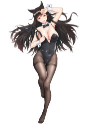 Rule 34 | 1girl, absurdres, animal ears, arm up, atago (azur lane), azur lane, bbdaoa (1446759744), black hair, black hairband, black leotard, black pantyhose, blush, breasts, brown eyes, extra ears, fake animal ears, full body, hairband, unworn hairband, head tilt, highres, holding hairband, large breasts, leotard, long hair, looking at viewer, mole, mole under eye, pantyhose, parted lips, pink lips, playboy bunny, rabbit ears, simple background, smile, solo, strapless, strapless leotard, swept bangs, thighband pantyhose, white background, wrist cuffs