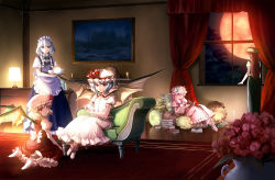 Rule 34 | 5girls, bad id, bad pixiv id, book, candle, couch, female focus, flandre scarlet, flower, hat, highres, hong meiling, indoors, izayoi sakuya, kneeling, lamp, maid, maid headdress, moon, multiple girls, night, night sky, open book, patchouli knowledge, reading, red moon, remilia scarlet, rose, sitting, sky, takahata yuki, teapot, embodiment of scarlet devil, touhou, window, wings