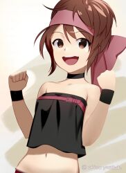 Rule 34 | 1girl, akisa yositake, bracelet, brown eyes, brown hair, hairband, headband, jewelry, momoko (kof), navel, open mouth, pink headband, short hair, sketch, smile, strapless, the king of fighters, the king of fighters xi, tube top, wristband