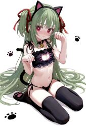 Rule 34 | 1girl, 3:, alternate costume, animal ears, bare arms, bare shoulders, batiao zhai, bell, black bra, black choker, black panties, black thighhighs, blunt bangs, blush, bra, breasts, bright pupils, cat ears, cat lingerie, cat tail, chinese commentary, choker, cleavage, cleavage cutout, closed mouth, clothing cutout, collarbone, colored eyelashes, commentary, embarrassed, eyebrows hidden by hair, fake animal ears, fake tail, full body, green hair, hair ribbon, hair spread out, hands up, highres, hime cut, jingle bell, long hair, looking at viewer, meme attire, midriff, murasame (senren), navel, neck bell, nose blush, panties, paw pose, paw print, red eyes, red ribbon, ribbon, seiza, senren banka, side-tie panties, sidelocks, simple background, sitting, skindentation, small breasts, solo, spaghetti strap, stomach, straight hair, tail, thighhighs, thighs, two side up, underwear, very long hair, white background, white pupils
