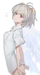Rule 34 | 1girl, angel, angel chromosome xx, angel wings, closed mouth, collared shirt, feathered wings, grey hair, highres, himo (himodayoo), looking at viewer, naked shirt, neon genesis evangelion, shirt, short hair, short twintails, smile, solo, tabris-xx, twintails, white background, white shirt, wings
