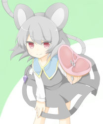Rule 34 | 1girl, animal ears, bad id, bad pixiv id, dress, ellipsis (mitei), fingernails, food, fork, giving, grey hair, hand on own thigh, highres, jewelry, leaning forward, looking at viewer, meat, mouse ears, mouse tail, nazrin, pendant, red eyes, short hair, smile, solo, tail, touhou, two-tone background, wind