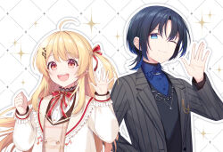 Rule 34 | 2girls, ahoge, black shirt, blonde hair, blue eyes, blue hair, brown dress, closed mouth, collared shirt, dress, fortissimo, grey jacket, hair ornament, hair ribbon, hiodoshi ao, hololive, hololive dev is, jacket, jenevan, jewelry, long hair, looking at viewer, multiple girls, musical note, musical note hair ornament, necklace, one eye closed, one side up, open mouth, otonose kanade, red eyes, red ribbon, ribbon, shirt, short hair, smile, striped clothes, striped jacket, teeth, upper teeth only, vertical-striped clothes, vertical-striped jacket, virtual youtuber, waving, white jacket