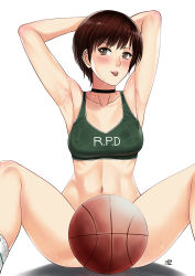 Rule 34 | 1girl, armpits, arms behind head, arms up, bad id, bad pixiv id, ball, basketball, basketball (object), blush, bottomless, brown eyes, brown hair, capcom, choker, collarbone, covered erect nipples, highres, navel, rebecca chambers, resident evil, resident evil 2, short hair, signature, socks, spread legs, sweat, tank top, tongue, tongue out, xter