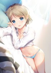 Rule 34 | 10s, 1girl, blouse, blue eyes, blue panties, blurry, blush, bow, bow panties, breasts, cleavage, collarbone, collared shirt, depth of field, dutch angle, grey hair, love live!, love live! sunshine!!, lying, medium breasts, mignon, navel, on bed, on side, open clothes, open mouth, open shirt, panties, shirt, short hair, sideways, sleeves past wrists, smile, solo, thighs, underwear, watanabe you, white shirt