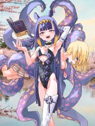 Rule 34 | 2girls, absurdres, ao-chan (ninomae ina&#039;nis), arm behind head, blonde hair, blue eyes, book, breasts, choker, elbow gloves, fangs, female focus, floating, floating book, floating object, gloves, gradient hair, gurumie, highres, hololive, hololive english, lake, looking at viewer, multicolored hair, multiple girls, ninomae ina&#039;nis, ninomae ina&#039;nis (1st costume), open mouth, orange hair, outdoors, photo background, purple hair, restrained, saliva, single glove, single thighhigh, small breasts, teeth, tentacle hair, tentacles, thighhighs, tongue, upper teeth only, virtual youtuber, watson amelia, watson amelia (1st costume), yuri