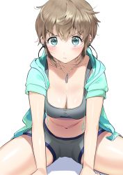 Rule 34 | 1girl, arm support, blue eyes, blue jacket, breasts, cleavage, crop top, hood, hooded track jacket, jacket, leaning forward, light brown hair, medium breasts, messy hair, midriff, navel, open clothes, open jacket, original, serious, short hair, shorts, sitting, solo, sportswear, spread legs, thighs, track jacket, yanyo (ogino atsuki), zipper