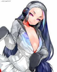 Rule 34 | 10s, 1girl, 2017, breasts, cleavage, collarbone, dated, eyebrows, giant penguin (kemono friends), grey hair, half-closed eyes, happa (cloverppd), headphones, jacket, kemono friends, light smile, long hair, looking at viewer, miniskirt, open clothes, open jacket, pleated skirt, purple eyes, sanpaku, signature, single hair intake, skirt, solo, thick eyebrows, very long hair, white background, white skirt