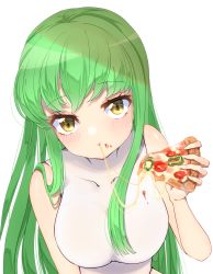 Rule 34 | absurdres, bare shoulders, blush, bodystocking, bodysuit, breasts, c.c., cheese, cheese trail, code geass, collarbone, covered collarbone, food, food in mouth, food on face, from above, green hair, head tilt, highres, holding, large breasts, long hair, looking at viewer, mayu (rymmaur), pizza, sidelocks, simple background, solo, upper body, upturned eyes, white background, white bodysuit, yellow eyes, yukana